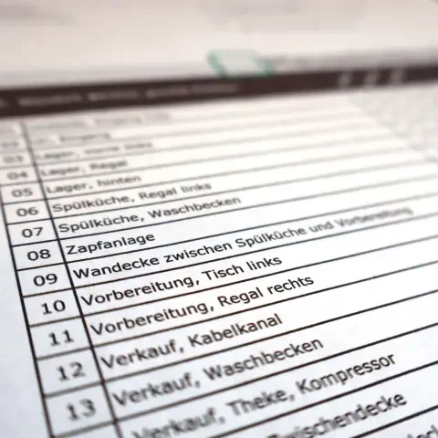 Dokumentationsliste mit Nummern und Standorten